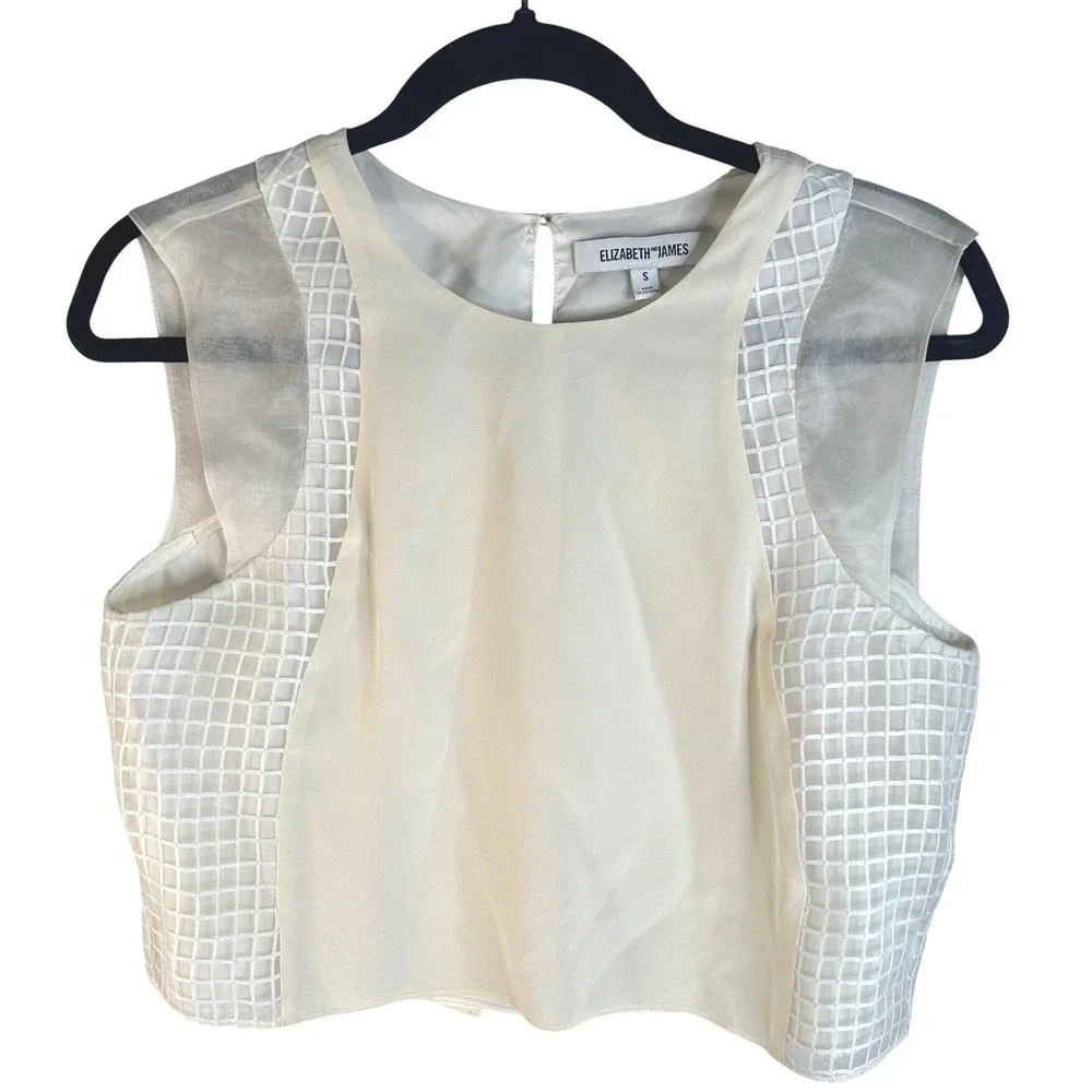 Elizabeth and James Women's Cream Grid Mesh Mixed Media Sleeveless Crop Top S